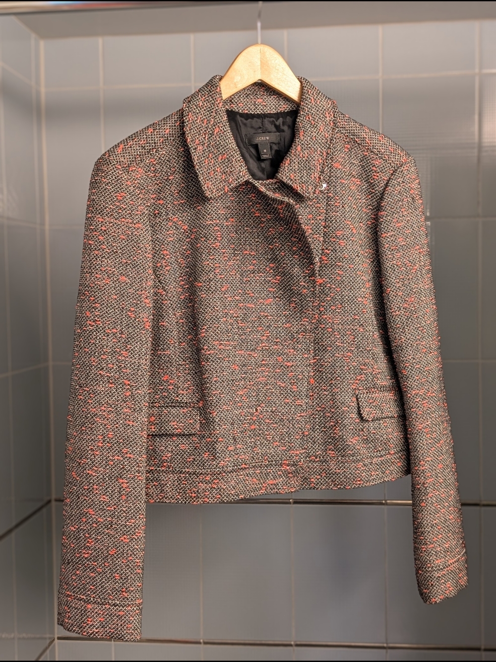 J. Crew Coral-Accented Gray Tweed Cropped Blazer